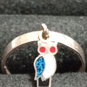 Vintage Sterling Silver Owl Ring/Mexico with Red and Blue Details